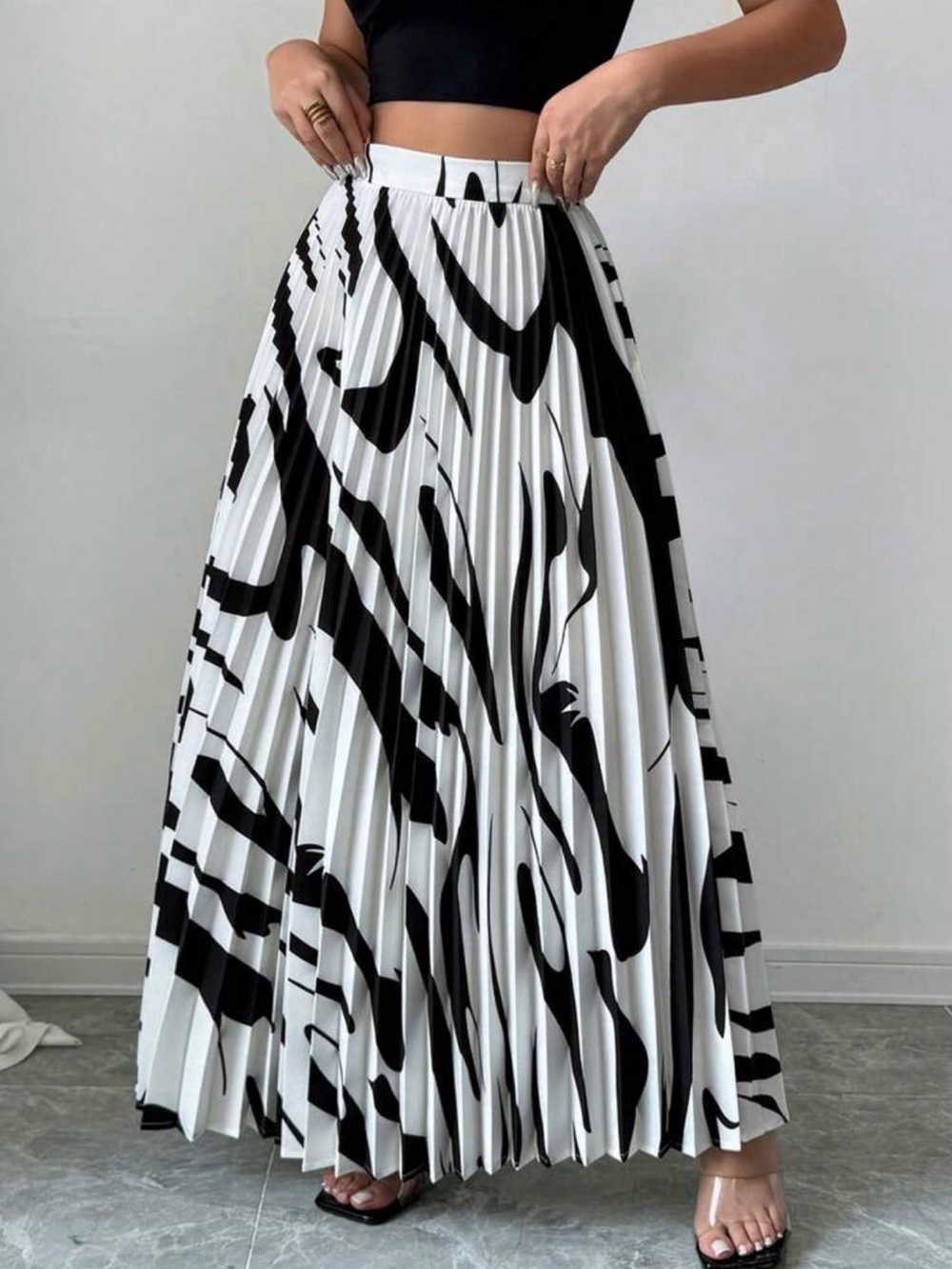 SHEIN Black & White Zebra-Print Pleated Maxi Skirt